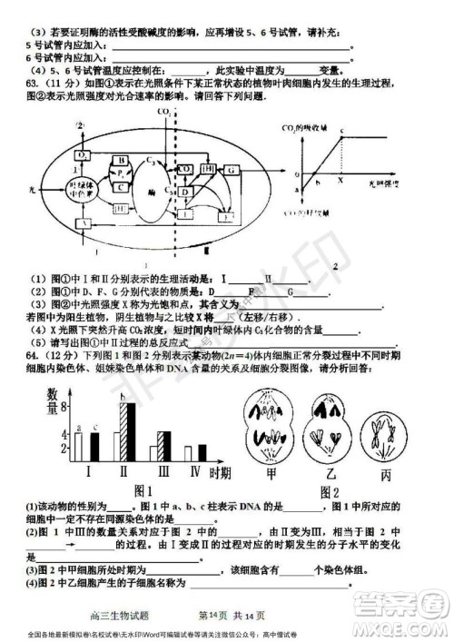 哈三中2021-2022学年度高三学年第一次验收考试生物试卷及答案
