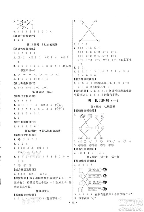 人民教育出版社2021能力培养与测试一年级数学上册人教版答案