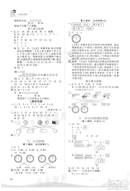江西人民出版社2021王朝霞创维新课堂同步优化训练一年级上册数学人教版参考答案