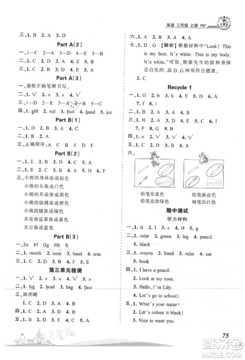 江西人民出版社2021王朝霞创维新课堂同步优化训练三年级上册英语人教版参考答案