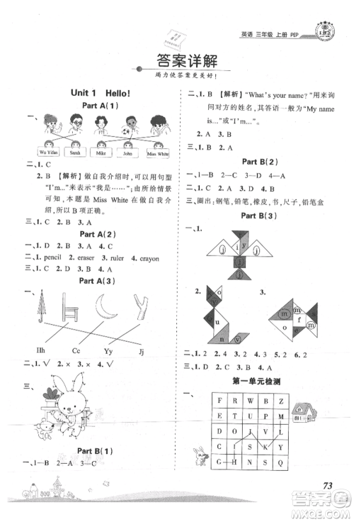 江西人民出版社2021王朝霞创维新课堂同步优化训练三年级上册英语人教版参考答案