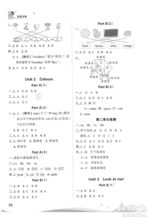 江西人民出版社2021王朝霞创维新课堂同步优化训练三年级上册英语人教版参考答案