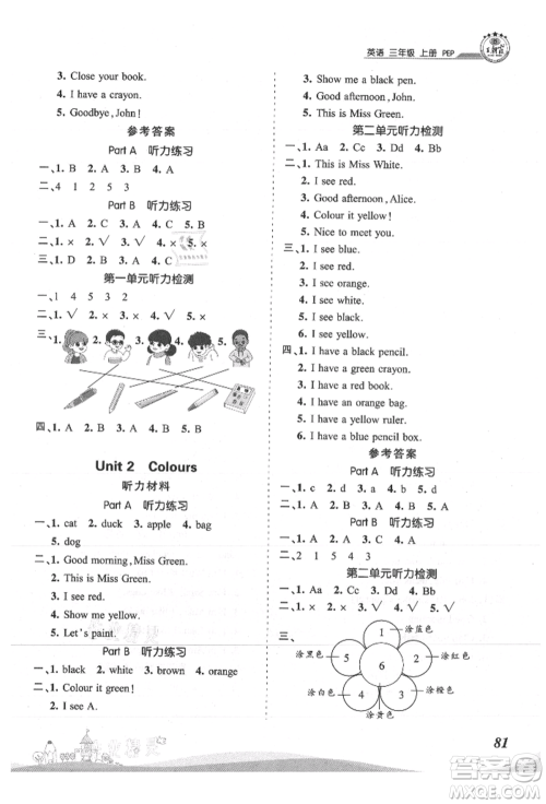 江西人民出版社2021王朝霞创维新课堂同步优化训练三年级上册英语人教版参考答案