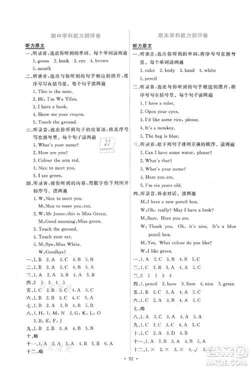 人民教育出版社2021能力培养与测试五年级英语上册PEP版答案 人民教育出版社2021能力培养与测试五年级英语上册PEP版答案