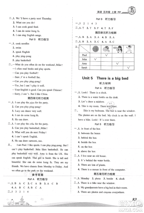 江西人民出版社2021王朝霞创维新课堂同步优化训练五年级上册英语人教版参考答案