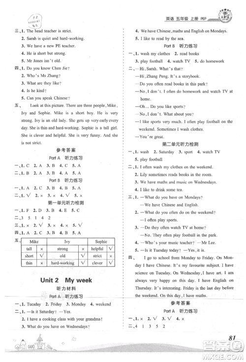 江西人民出版社2021王朝霞创维新课堂同步优化训练五年级上册英语人教版参考答案