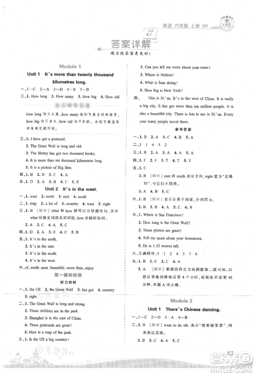 江西人民出版社2021王朝霞创维新课堂同步优化训练六年级上册英语外研版参考答案
