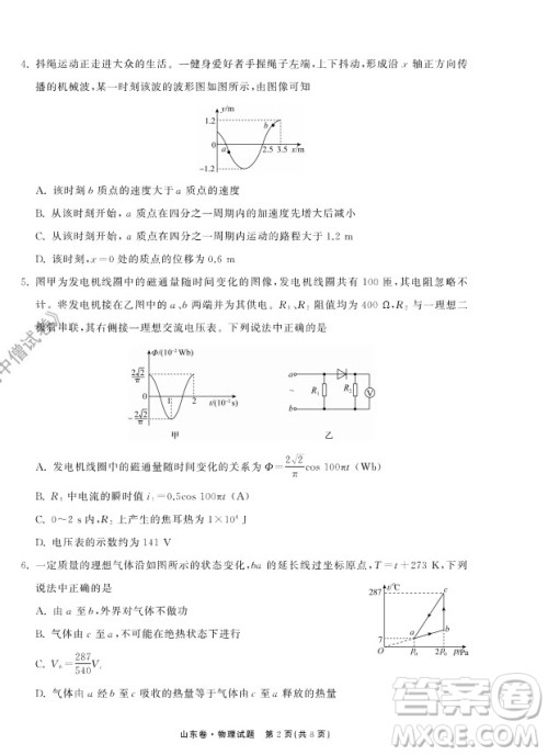 2022届山东省高三第一次学业质量联合检测物理试卷及答案