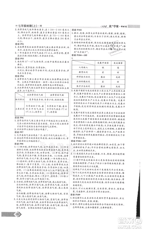 吉林教育出版社2021优+学案课时通七年级上册地理湘教版H版参考答案