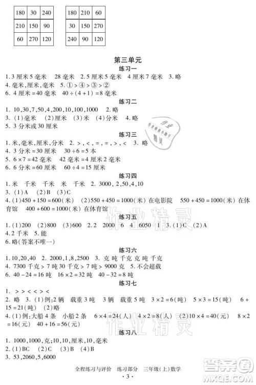 浙江人民出版社2021全程练习与评价三年级上册数学人教版答案 浙江人民出版社2021全程练习与评价三年级上册数学人教版答案