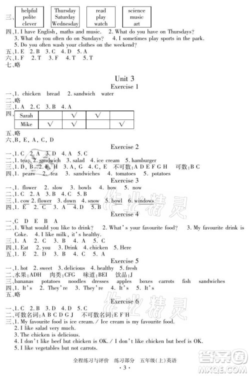 浙江人民出版社2021全程练习与评价五年级上册英语人教版答案