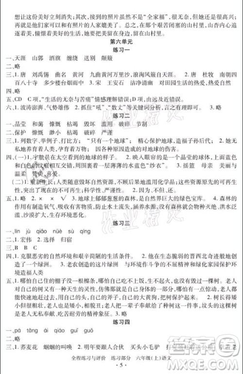 浙江人民出版社2021全程练习与评价六年级上册语文人教版答案