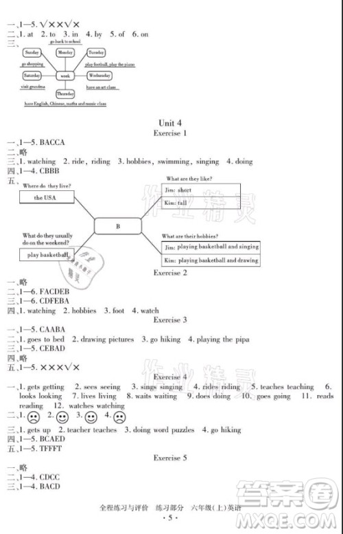 浙江人民出版社2021全程练习与评价六年级上册英语人教版答案