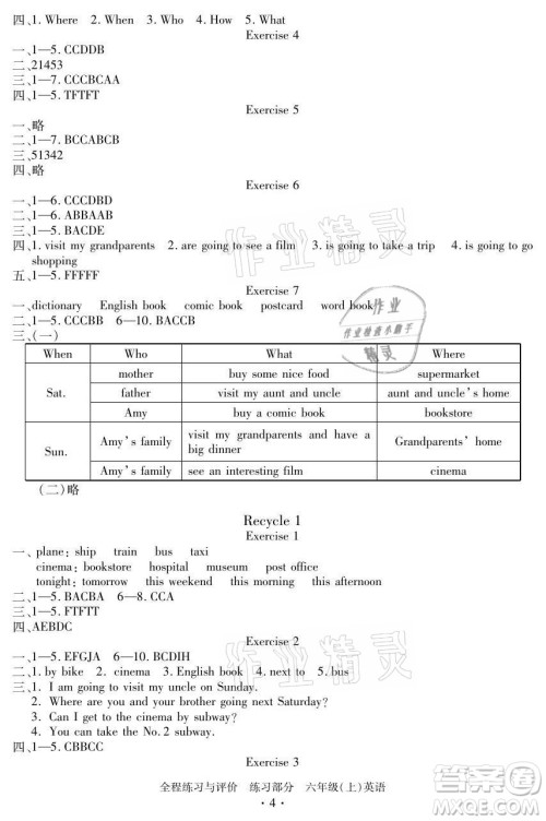 浙江人民出版社2021全程练习与评价六年级上册英语人教版答案