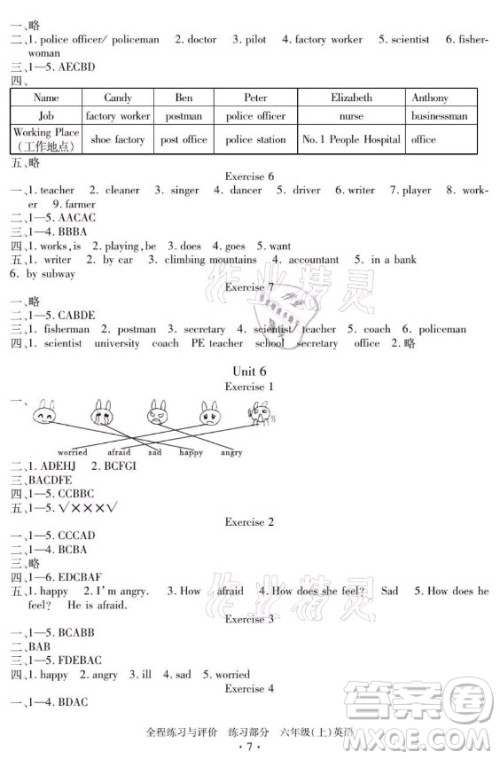 浙江人民出版社2021全程练习与评价六年级上册英语人教版答案