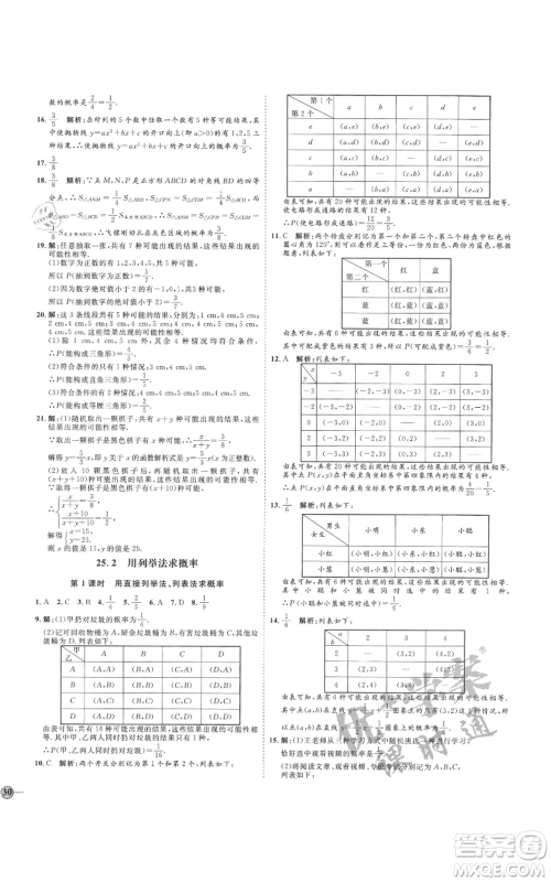 延边教育出版社2021优+学案课时通九年级上册数学人教版河北专版参考答案