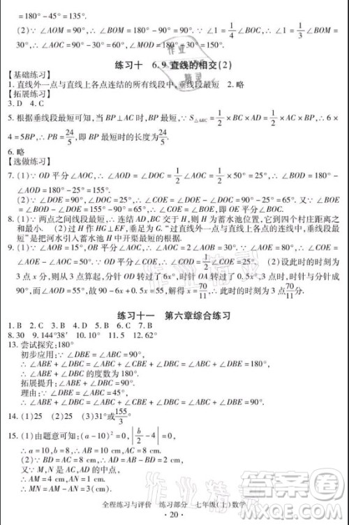 浙江人民出版社2021全程练习与评价七年级上册数学浙教版答案 浙江人民出版社2021全程练习与评价七年级上册数学浙教版答案