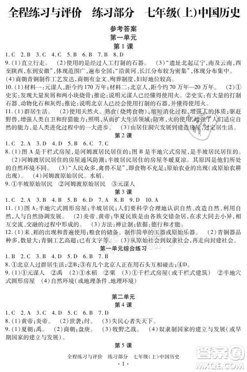浙江人民出版社2021全程练习与评价七年级上册中国历史人教版答案 浙江人民出版社2021全程练习与评价七年级上册中国历史人教版答案