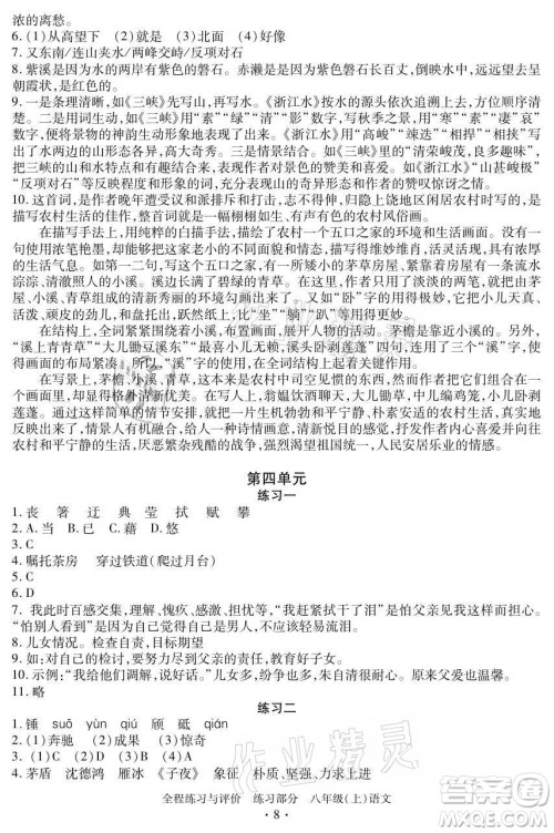 浙江人民出版社2021全程练习与评价八年级上册语文人教版答案