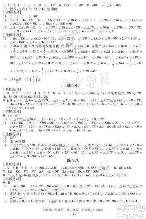 浙江人民出版社2021全程练习与评价八年级上册数学浙教版答案