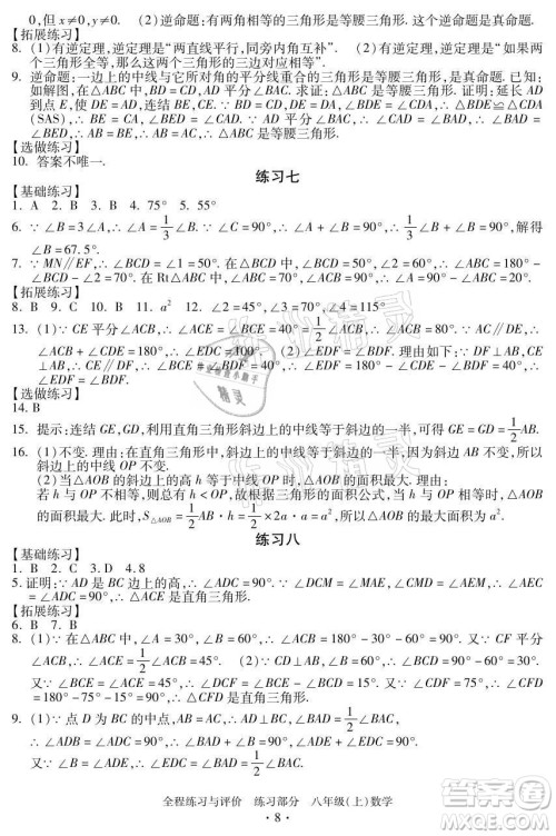 浙江人民出版社2021全程练习与评价八年级上册数学浙教版答案