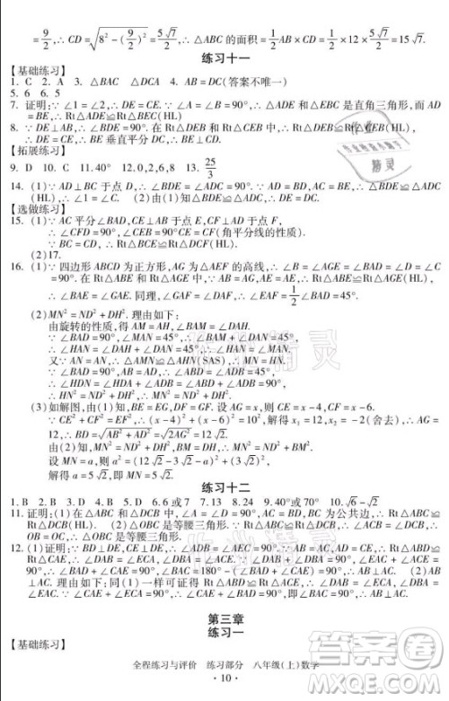 浙江人民出版社2021全程练习与评价八年级上册数学浙教版答案