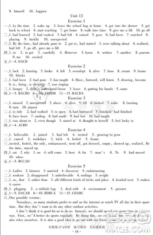 浙江人民出版社2021全程练习与评价九年级全一册英语人教版答案 浙江人民出版社2021全程练习与评价九年级全一册英语人教版答案