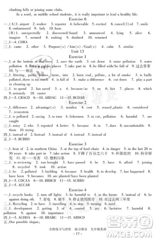 浙江人民出版社2021全程练习与评价九年级全一册英语人教版答案 浙江人民出版社2021全程练习与评价九年级全一册英语人教版答案
