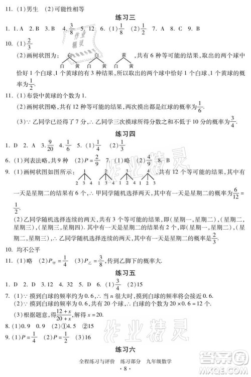浙江人民出版社2021全程练习与评价九年级全一册数学浙教版答案 浙江人民出版社2021全程练习与评价九年级全一册数学浙教版答案