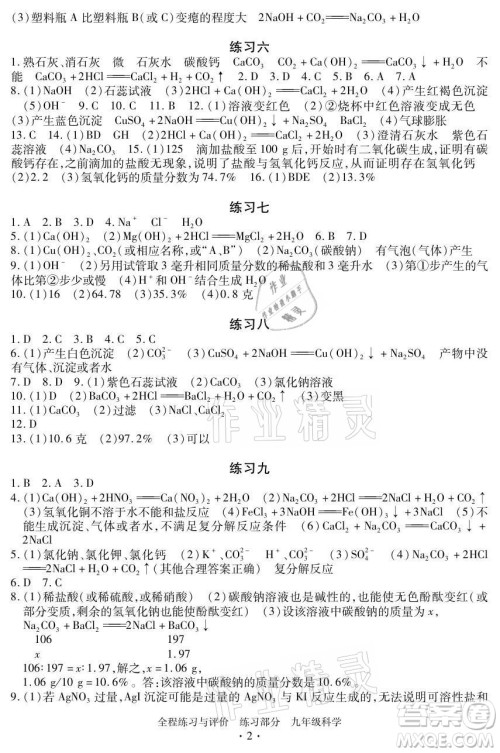 浙江人民出版社2021全程练习与评价九年级全一册科学浙教版答案 浙江人民出版社2021全程练习与评价九年级全一册科学浙教版答案