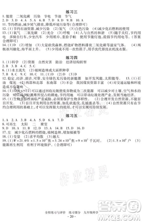 浙江人民出版社2021全程练习与评价九年级全一册科学浙教版答案