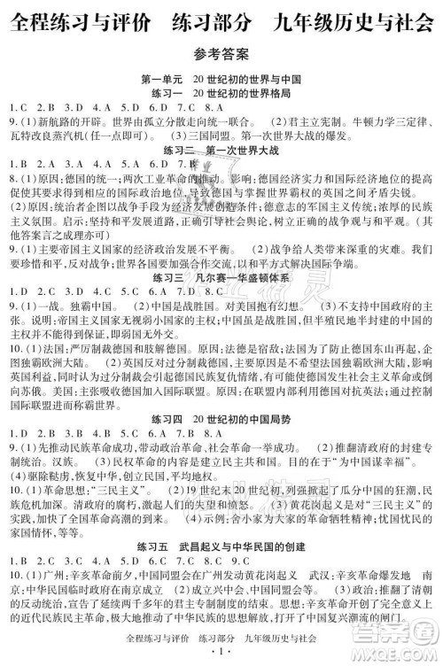 浙江人民出版社2021全程练习与评价九年级全一册历史与社会人教版答案