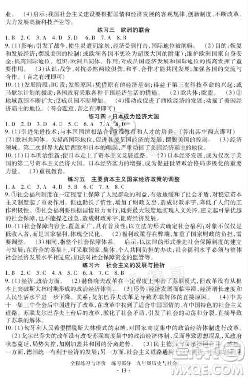 浙江人民出版社2021全程练习与评价九年级全一册历史与社会人教版答案