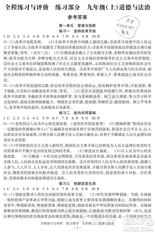 浙江人民出版社2021全程练习与评价九年级上册道德与法治人教版答案