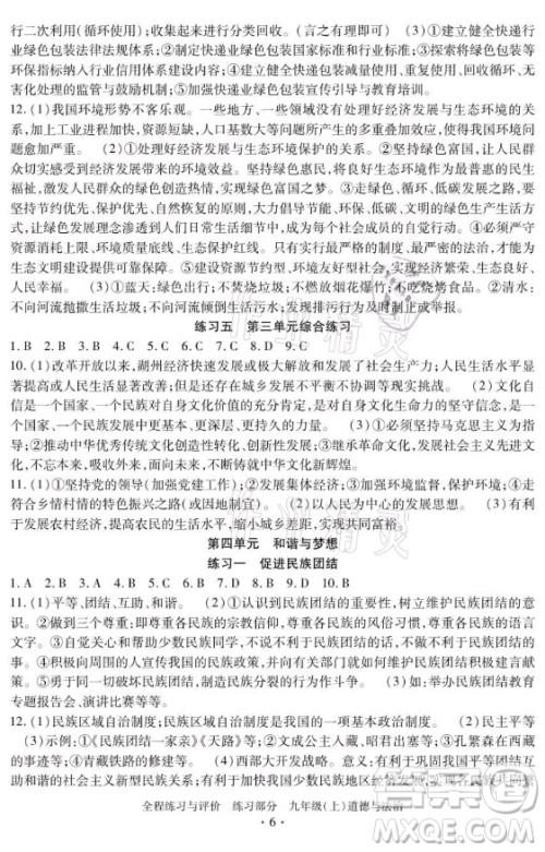浙江人民出版社2021全程练习与评价九年级上册道德与法治人教版答案