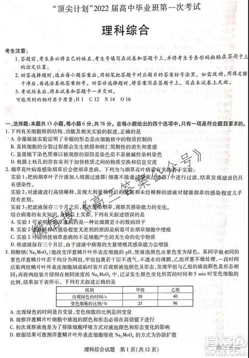 顶尖计划2022届高中毕业班第一次考试理科综合试题及答案