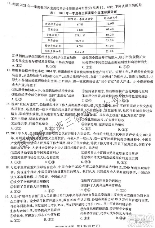 顶尖计划2022届高中毕业班第一次考试文科综合试题及答案 顶尖计划2022届高中毕业班第一次考试文科综合试题及答案