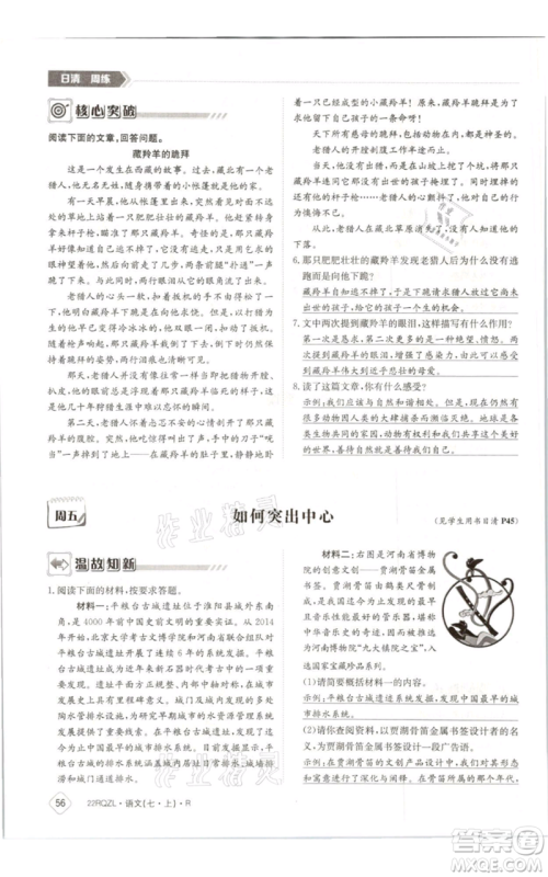 江西高校出版社2021日清周练七年级上册语文人教版参考答案