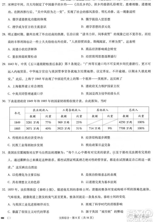 云南师大附中2022届高考适应性月考卷三文科综合试卷及答案