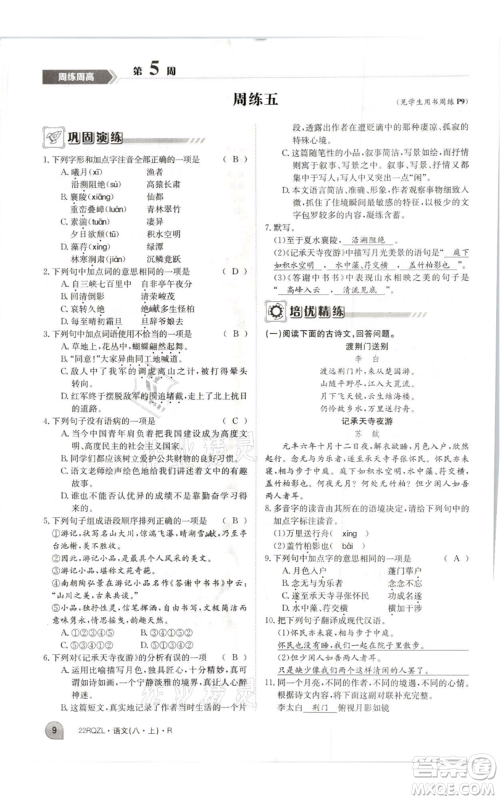 江西高校出版社2021日清周练八年级上册语文人教版参考答案