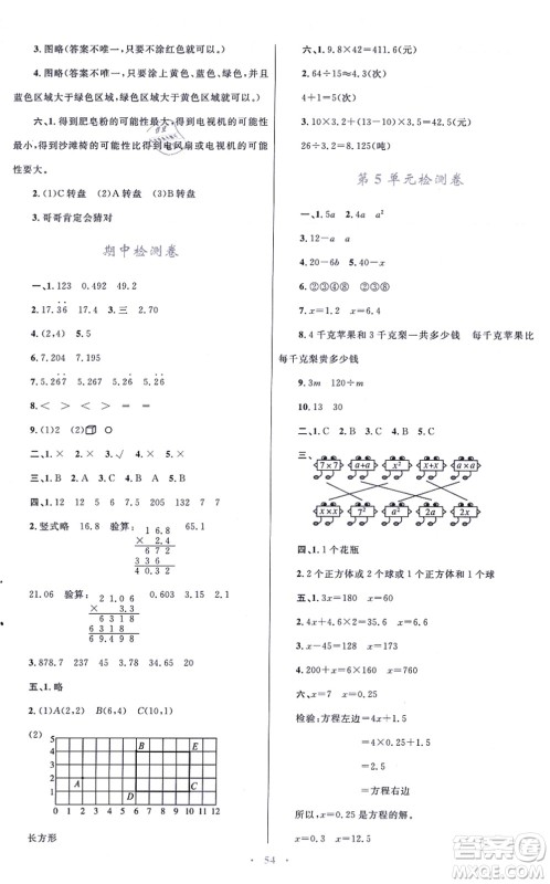 青海人民出版社2021快乐练练吧同步练习五年级数学上册人教版青海专用答案