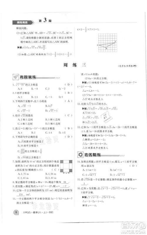江西高校出版社2021日清周练八年级上册数学北师大版参考答案
