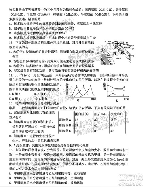 太原五中2021-2022学年度第一学期月考高三生物试题及答案