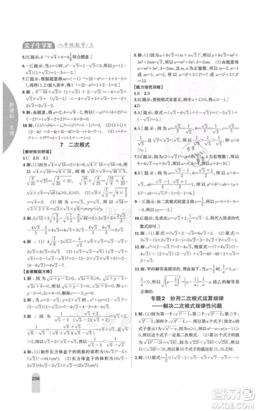 吉林人民出版社2021尖子生学案八年级上册数学北师大版参考答案 吉林人民出版社2021尖子生学案八年级上册数学北师大版参考答案