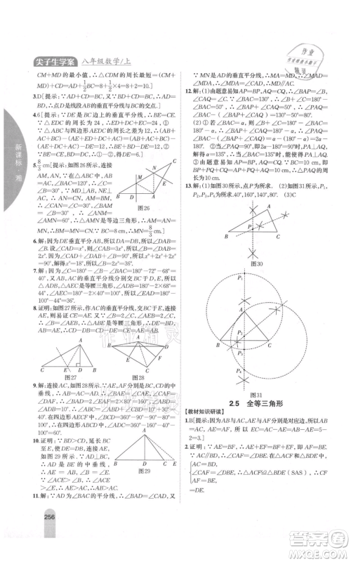 吉林人民出版社2021尖子生学案八年级上册数学湘教版参考答案