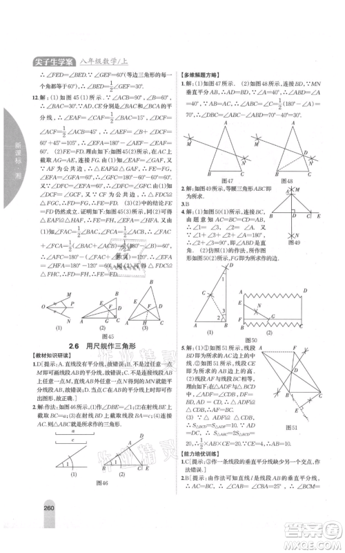 吉林人民出版社2021尖子生学案八年级上册数学湘教版参考答案