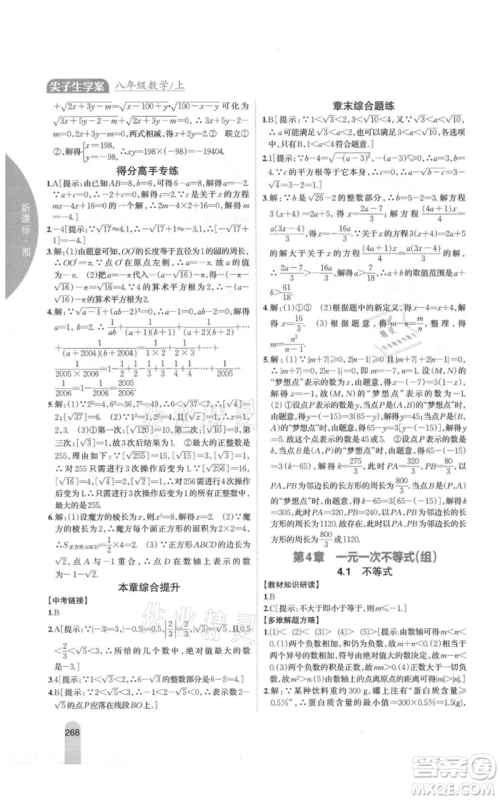 吉林人民出版社2021尖子生学案八年级上册数学湘教版参考答案