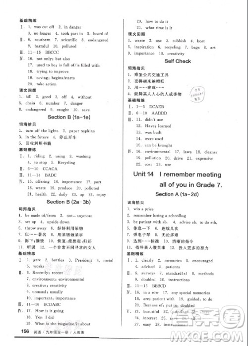 阳光出版社2021全品基础小练习英语九年级全一册人教版答案