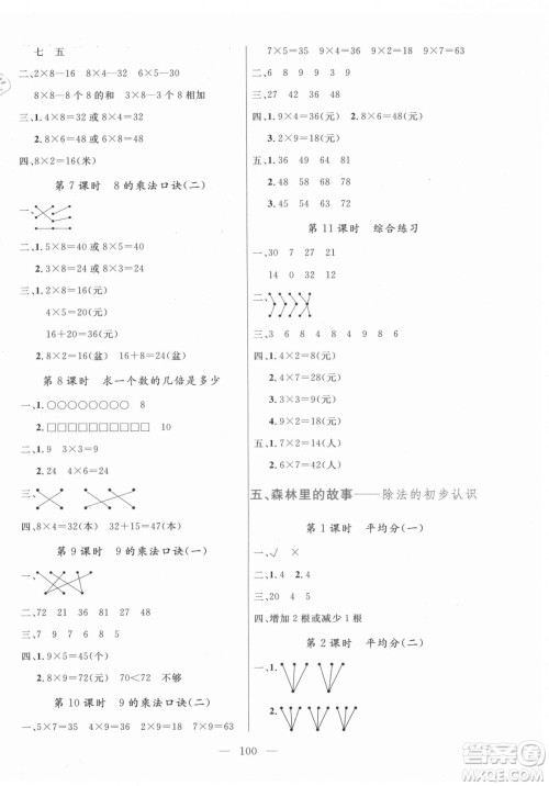 北方妇女儿童出版社2021状元陪练课时优化设计数学二年级上册青岛版答案