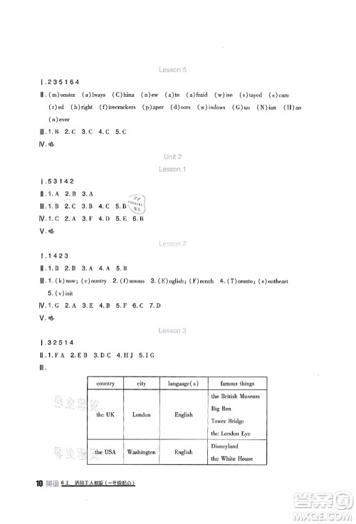 四川教育出版社2021新课标小学生学习实践园地六年级英语上册人教版一年级起点答案